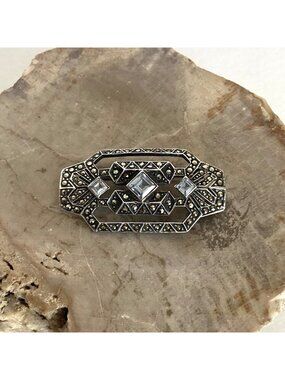 Sterling Silver 925 Art Deco Style Marcasite Square Blue Topaz Bar Brooch